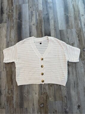 Universal Thread Cream Open-Knit Short Sleeve Cardigan with Tortoise Buttons